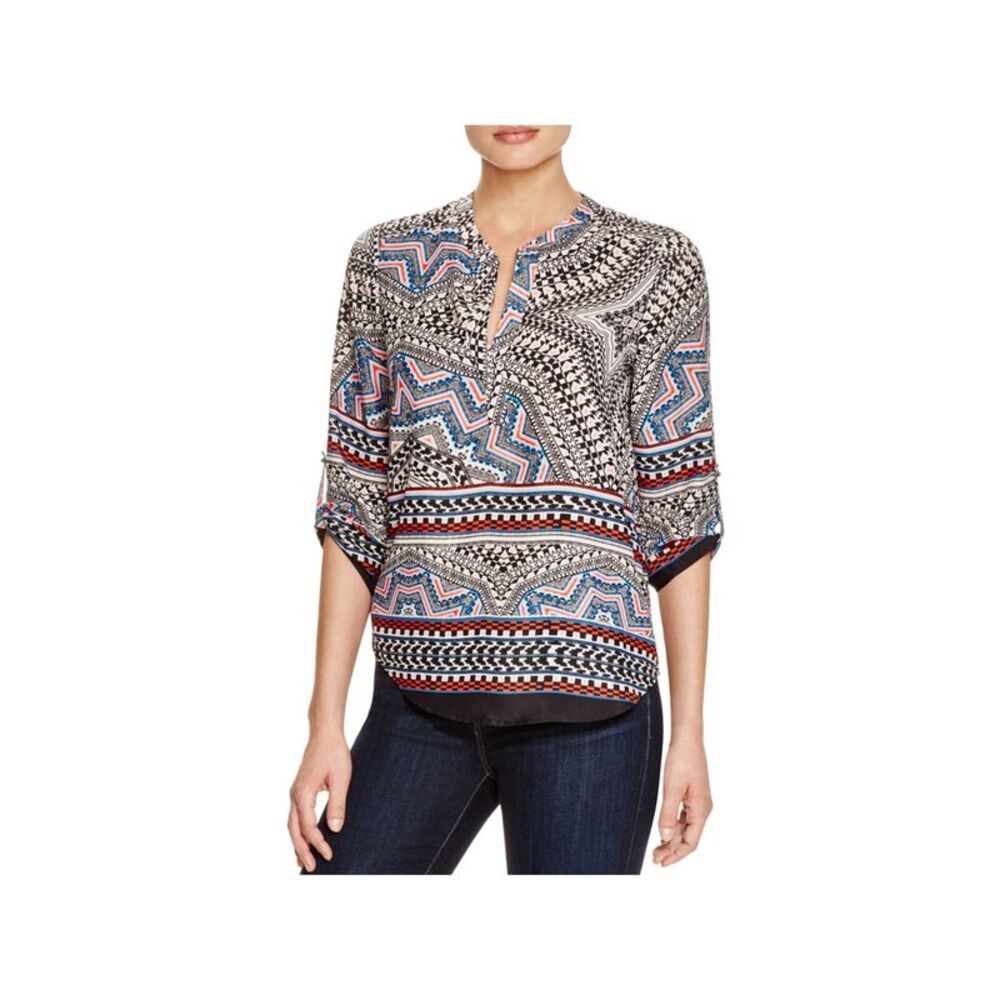 DANIEL RAINN Womens White Printed Roll-tab Sleeve Wear To Work Blouse S